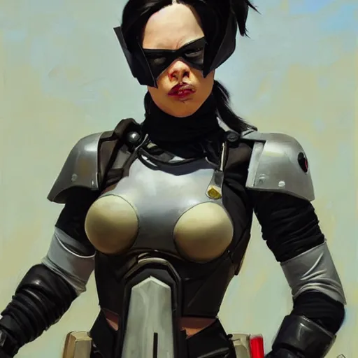 Image similar to greg manchess portrait painting of armored neena thurman aka domino as overwatch character, medium shot, asymmetrical, profile picture, organic painting, sunny day, matte painting, bold shapes, hard edges, street art, trending on artstation, by huang guangjian and gil elvgren and sachin teng