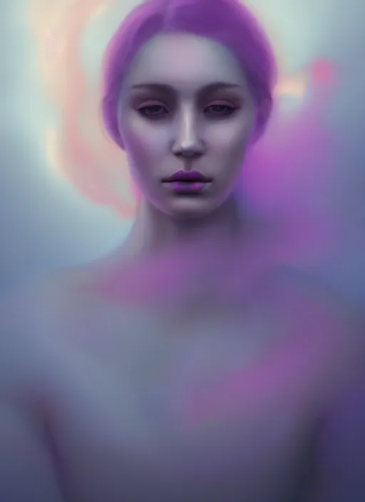 Image similar to an ethereal, misty portrait of a woman whose face is accented with neon - toned glowing eyeliner. the makeup floats off her face and joins swirling clouds of smoke and fog, becoming an aurora. muted tones. surreal portrait, cinematic lighting, 8 k, smooth, sharp focus, digital painting, rendered in octane, painted by tom bagshaw, artgerm