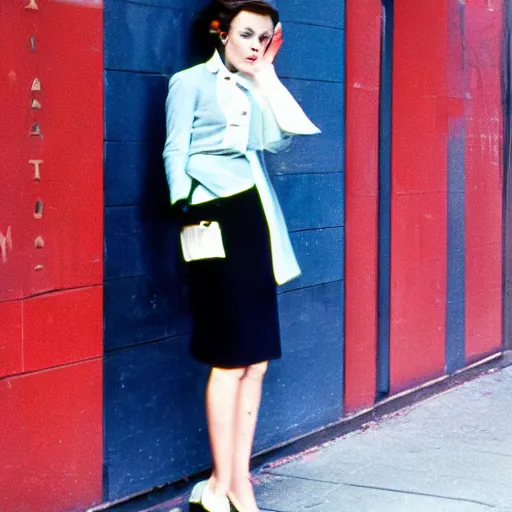 Image similar to street photography portrait of a woman in a suit in the streets of new york, 1 9 6 0 s, photo taken with ektachrome, featured on flickr, photographed on damaged film