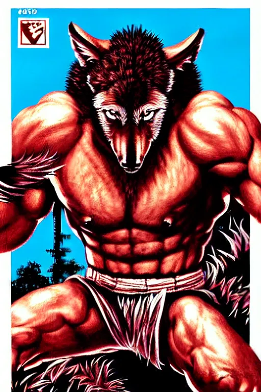 Image similar to extreme long shot. 8 bit nes graphics. antropomorphic muscular masculine wolf. kickboxer fighter, in shorts. wolf head. fine details, very sharp, art from nes game cartridge, 8 0's, vhs artefacts, vaporwave style, marc simonetti and hermann nitsch. streetfighter, kung fury