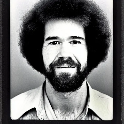 Prompt: Mugshot Portrait of Bob Ross with a buzzcut, taken in the 1970s, photo taken on a 1970s polaroid camera, grainy, real life, hyperrealistic, ultra realistic, realistic, highly detailed, epic, HD quality, 8k resolution, body and headshot, film still, front facing, front view, headshot and bodyshot, detailed face, very detailed face