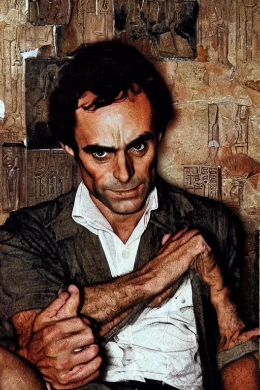 Image similar to a closer personal portrait of ted bundy with very piercing eyes, very charismatic. in the old ancient temple of luxor. masterpiece, dark. painted by norman rockwell and james gurney