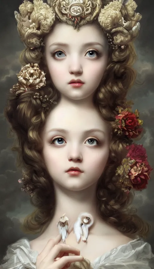 Image similar to pop surrealism, rococo, baroque hair, angelic young female seductive - fine - face, pretty face, key visual, realistic shaded perfect face, fine details by stanley artgerm lau, wlop, mark ryden, andrei riabovitchev, marc simonetti, and sakimichan, trending on artstation