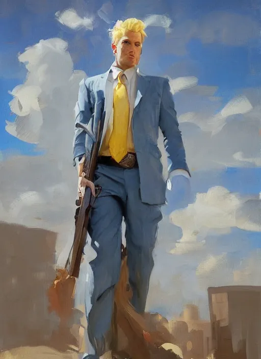 Image similar to greg manchess portrait painting of a blond man in a blue suit with a sword and a pistol, asymmetrical, profile picture, organic painting, sunny day, matte painting, bold shapes, hard edges, street art, trending on artstation, by huang guangjian, gil elvgren, ruan jia, randy vargas, greg rutkowski