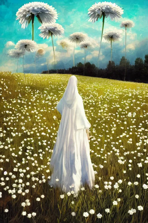 Prompt: giant white daisy flowers as head, girl with veil walking in a flower field, surreal photography, sunrise, dramatic light, impressionist painting, colorful clouds, digital painting, artstation, simon stalenhag