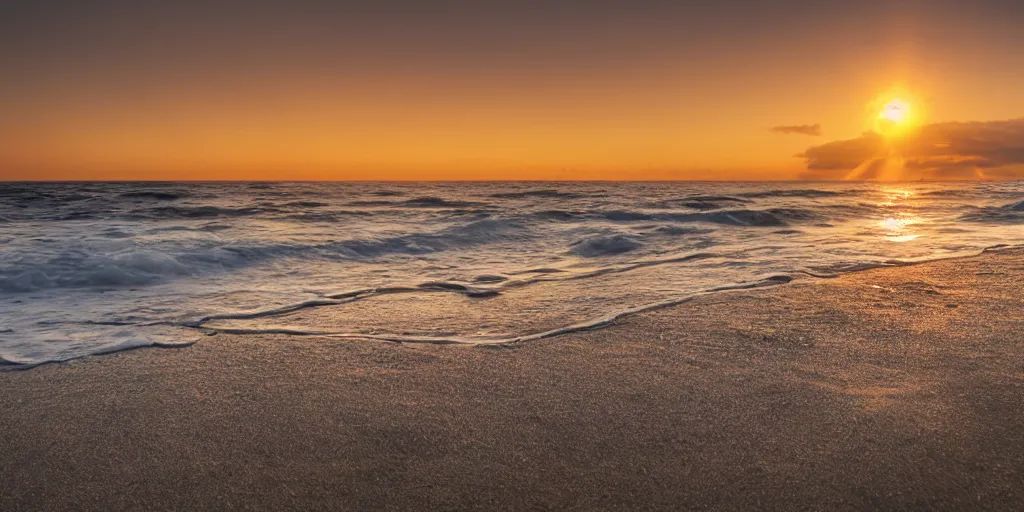 Image similar to highly detailed photograph of a desk on a beach with waves crashing behind it at sunset