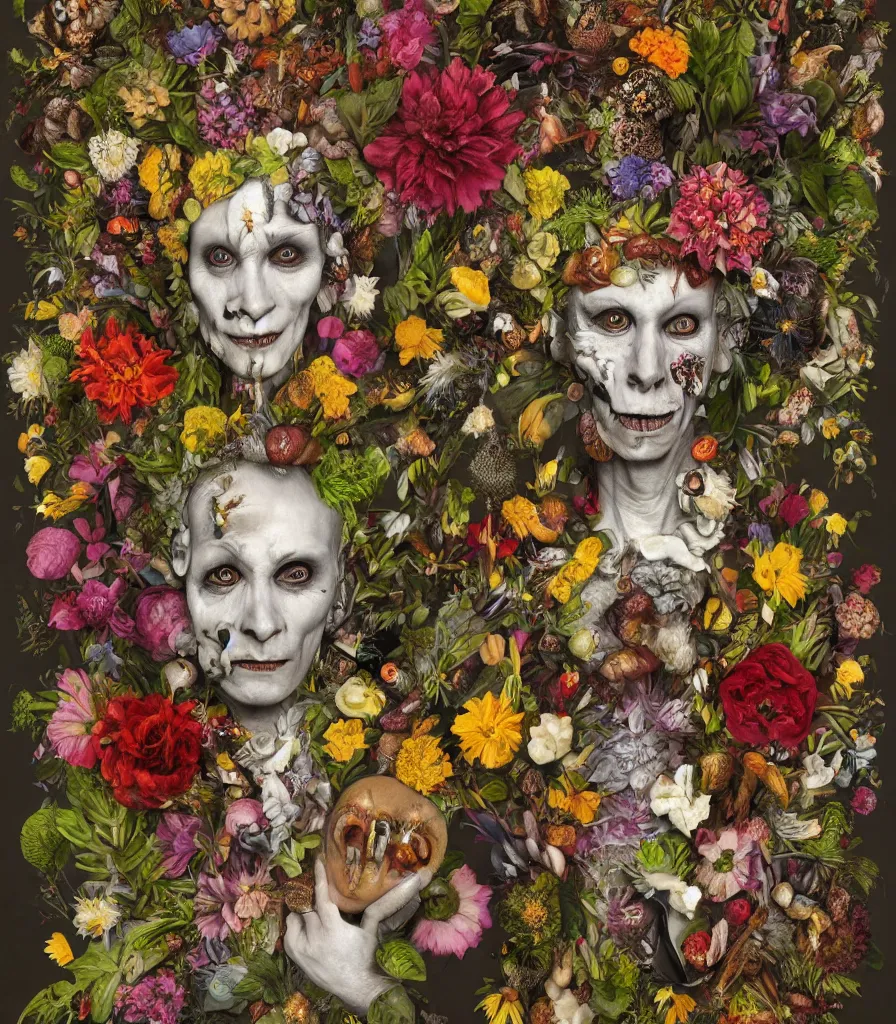 Image similar to portrait of a punk rock cenobite made out of flowers, fruit and insects in the style of arcimboldo and hieronymous bosch, botanical environment, baroque, surreal, high quality octane render, artstation, highly detailed