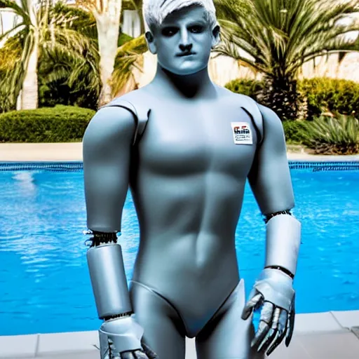 Image similar to a realistic detailed photo of a guy who is an attractive humanoid who is half robot and half humanoid, who is a male android, wrestler bo nickal, shiny skin, posing like a statue, blank stare, by the pool, on display, showing off his muscles, humanoid robot, frozen ice statue