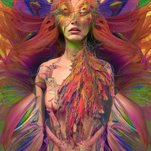 Image similar to A reality bending psychedelic ayahuasca experience, colorful, distorted, surreal, tropical bird feathers, dramatic lighting on the face, intricate, elegant, highly detailed, digital painting, concept art, smooth, sharp focus, illustration, art by Krenz Cushart and Wayne Barlowe and alphonse mucha