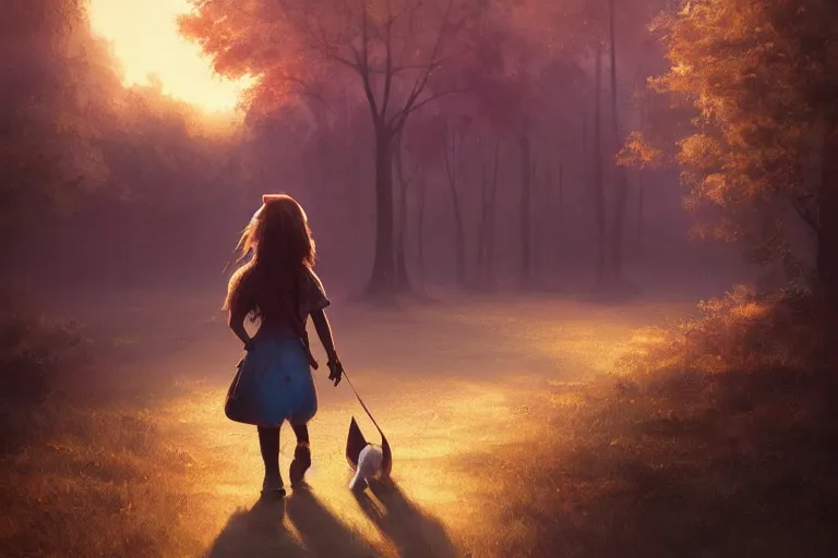 Image similar to a young girl walking to school with her pet fox, matte painting in the style of Greg Rutkowski, early morning light, sunrise, golden hour, trending on artstation