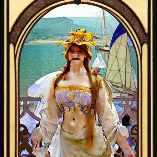 Image similar to A girl with jester hat and clothes on a greek archi circle on the front of a Balustrade with a beach and a sail boat on the background, major arcana cards, by alphonse mucha and arnold böcklin arnold böcklin arnold böcklin hyperrealistic 8k, very detailed