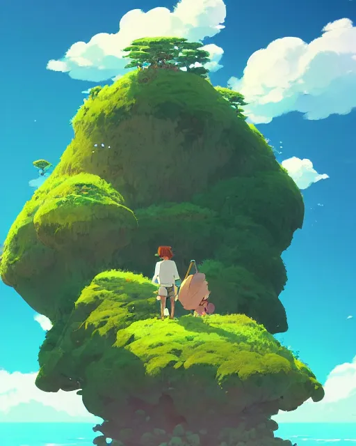 Image similar to an archipelago with strange rock formations, lush vegetation, fluffy clouds, azure water, cory loftis, james gilleard, atey ghailan, makoto shinkai, goro fujita, studio ghibli, rim light, exquisite lighting, clear focus, very coherent, plain background, soft painting