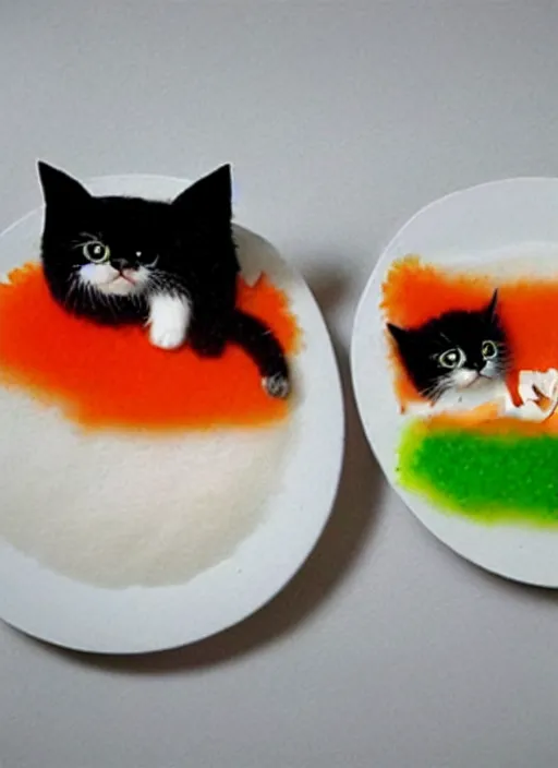 Image similar to clear surrealist painting of adorable cats made from sushi rice, sitting on sushi plates with garnish