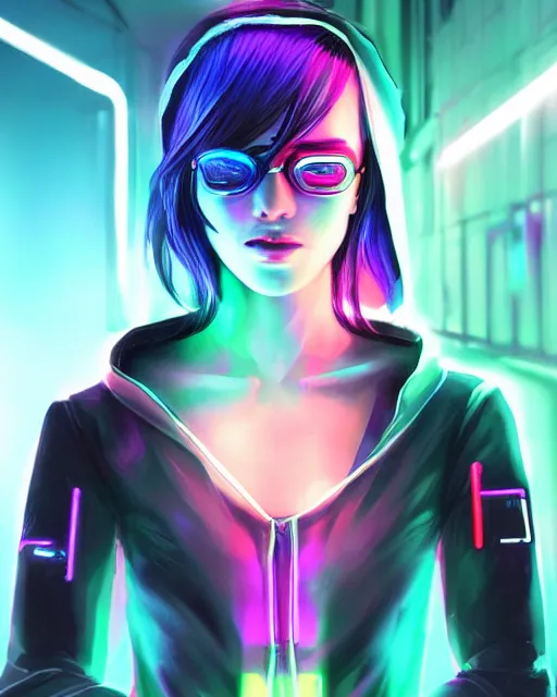 Image similar to a cyberpunk girl wearing neon hoodie, chrome, neon light, japan, perfect face, high detailed, realistic, preatty face, asian, long hair, cyberpunk, geisha, arcane style, 3 d mix with 2 d