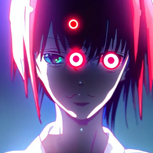 Image similar to anime cyberpunk movie still from the animatrix in the style of arcane : : small female android cyborg - angel, glowing red left eye and glowing blue right eye : : cinematic lighting, advanced digital cyberpunk art : : wlop, rossdraws sakimimichan, ilya kuvshinov, krenz cushart, greg rutkowski