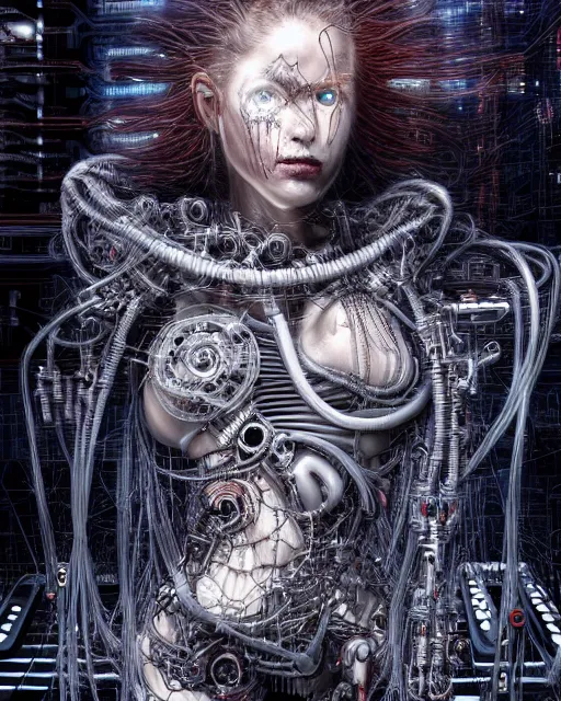 Image similar to portrait photo of an aesthetic biomechanical cyborg plugged into a quantum computer with cables and wires and optic fibers. cyberpunk horror style. art by luis royo. highly detailed 8 k. intricate. nikon d 8 5 0 5 5 mm. award winning photography.