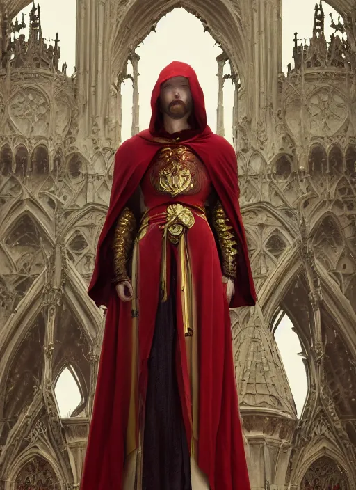 Image similar to A Full View of a Red Wizard wearing a robe and ornate armor in front of a gothic tower. masterpiece 4k digital illustration by Ruan Jia and Mandy Jurgens and Artgerm and greg rutkowski and Alexander Tsaruk and WLOP and william-adolphe bouguereau, award winning, Artstation, art nouveau aesthetic, Alphonse Mucha background, intricate details, realistic, panoramic view, Hyperdetailed, 8k resolution, intricate art nouveau