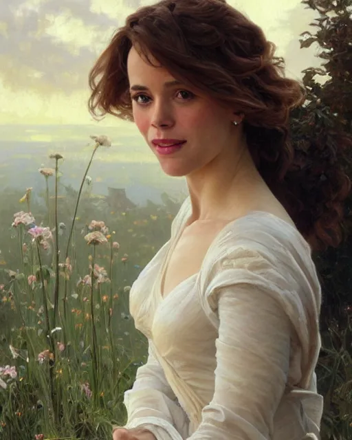 Prompt: a portrait painting of rachel lane / sabrina lloyd / perdita weeks / rachel mcadams / nicole de boer hybrid oil painting, gentle expression, smiling, elegant clothing, scenic background, extremely detailed and lifelike, artgerm, greg rutkowski, alphonse mucha, vladimir volegov, adolphe bouguereaum, jason edmiston