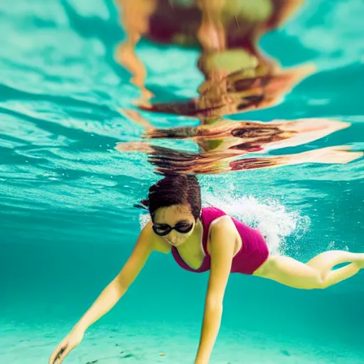 Image similar to 8k UHD under water photograph lithe carefree girl swimming in lagoon, taken from below, detailed