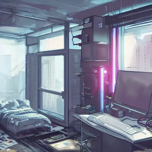 Prompt: A Desktop Computer Tower Case removed, cyberpunk bedroom, award winning, very detailed, artstation, realism