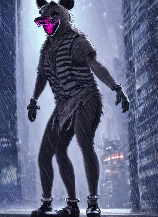 Image similar to character portrait of a male anthro hyena fursona with a tail and a cute beautiful attractive detailed furry face wearing stylish cyberpunk clothes in a cyberpunk city at night while it rains. color page, tankoban, 4K, tone mapping. By Nomax, Kenket, Rukis. comic book style, photorealistic, professional lighting, hyperdetailed, high resolution, high quality, dramatic, deviantart, artstation, 4k, real photo