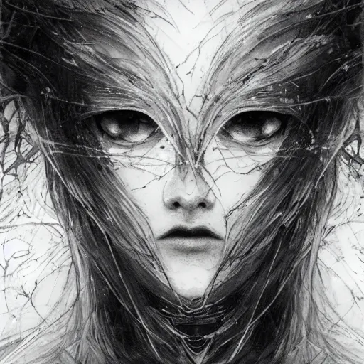 Image similar to yoshitaka amano blurred!!! and dreamy illustration of an anime girl with wavy white hair and cracks on her face wearing elden ring armor with the cape fluttering in the wind, abstract black and white patterns on the background, noisy film grain! effect, highly detailed, renaissance oil painting, weird portrait angle