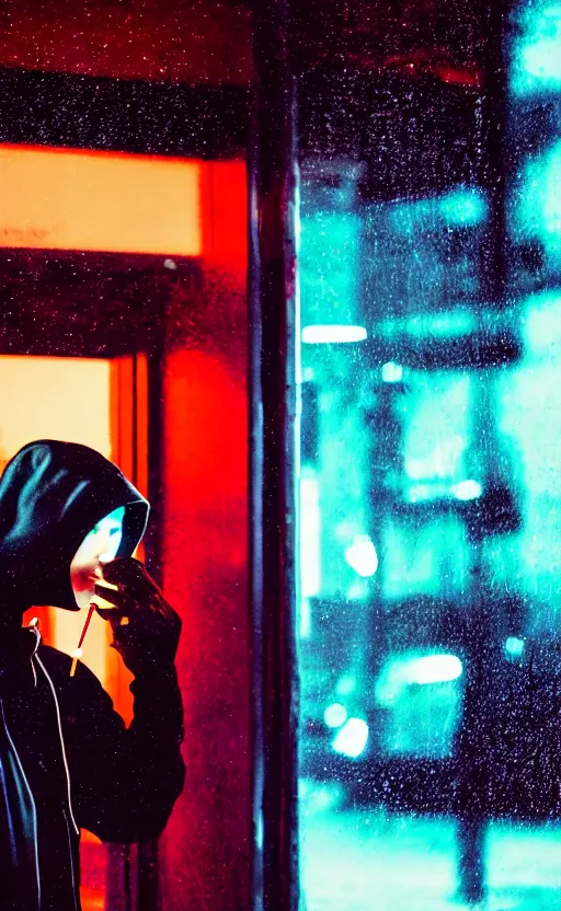 Image similar to a hooded cyborg smoking a cigarette outside of a windowed storefront, neon lights reflecting, pouring rain, high contrast, faded colors, depth of field, detailed 8k sci-fi portrait