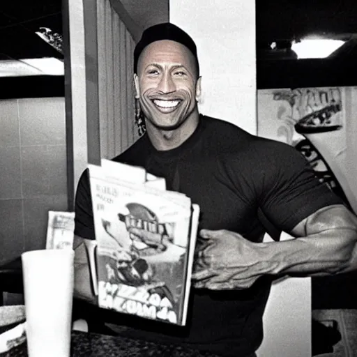 Image similar to dwayne johnson eating at a pizza hut in the 1 9 9 0 s. he is holding up a book - it paper.