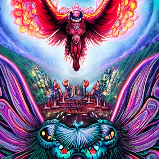 Image similar to A centered chest up portrait of a psychedelic godlike mothman with giant mandala wings smoking a hand-rolled cigarette smoking heavily , magic mushroom village in background , award winning. superb resolution. in the art style of junji Ito and greg rutkowski . Detailed Mushroom city in background. Hyper realistic anime. Perfect art. Dalle2