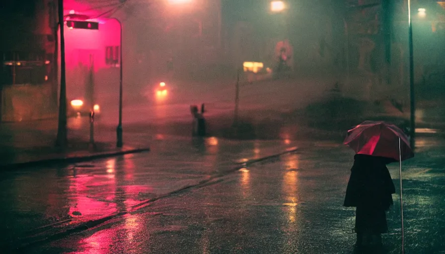 Image similar to street of philadelphia, photography, night, rain, mist, a girl with pink hair, cinestill 8 0 0 t, in the style of william eggleston