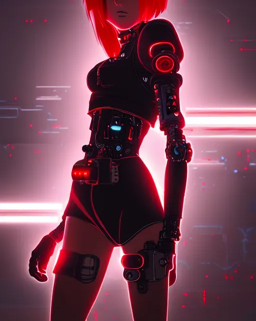 Image similar to a detailed potrait of a cyberpunk cyborg girl with black and red parts, perfect face, realistic shaded perfect face, detailed. night setting. very anime style. realistic shaded lighting poster by ilya kuvshinov katsuhiro, unreal engine, global illumination, radiant light, detailed and intricate environment, full length and white stockings