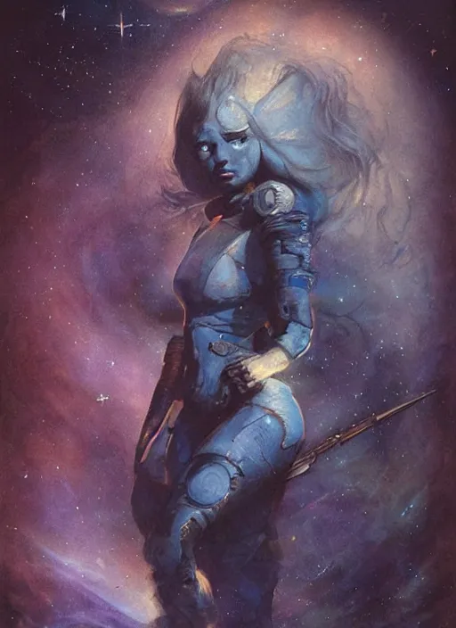 Prompt: portrait of female space ranger, night sky background, beautiful! coherent! by brom, by brian froud, deep color, strong line, high contrast