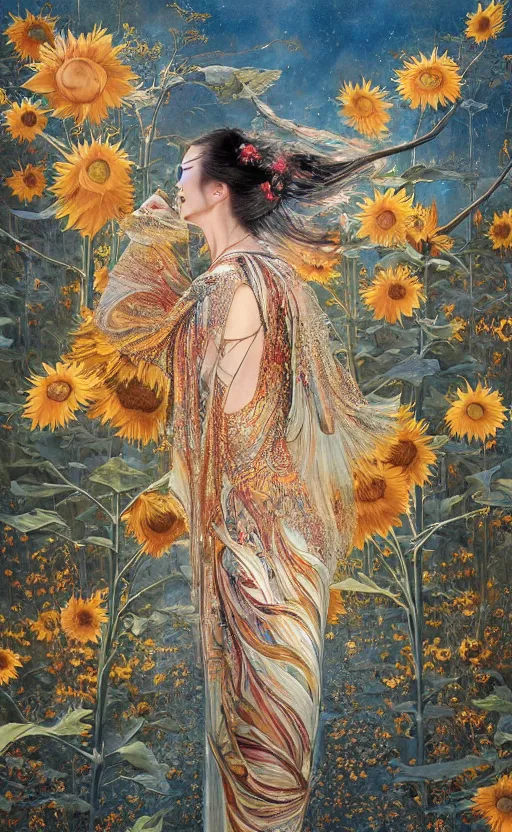 Image similar to a china cat sunflower walking proudly jingling in the midnight sun with a bodhi that drips a silver kimono Like a crazy quilt star gown through a dream night wind, intricate and complexly detailed oil painting, by Karol Bak and Tony Diterlizzi, influenced by Artgerm, golden hour scene, multi-dimensional, 8k, octane rendering,