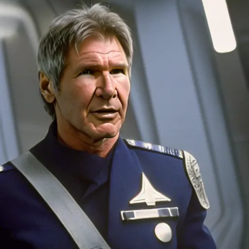 Prompt: A still of Harrison Ford as Commander Adama in Battlestar Galactica (2003) wearing a dark blue uniform