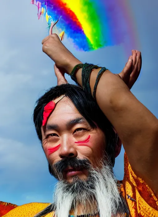 Image similar to japanese man with short hair and a beard wearing a native indian outfit, dancing next to a rainbow, full body portrait, dynamic lighting