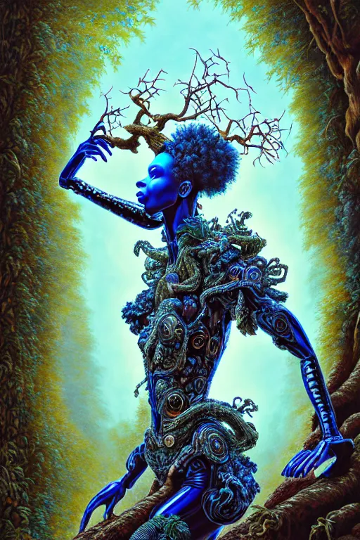 Image similar to hyperrealistic post-rococo super expressive! black woman with exoskeleton armor, merging with tree in a forest, highly detailed digital art masterpiece smooth cam de leon hannah yata dramatic pearlescent blue teal light ground angle hd 8k sharp focus