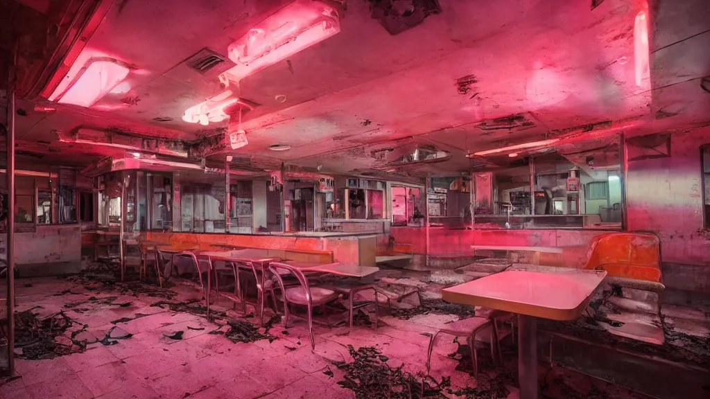 Prompt: the inside of an abandoned retro diner at night, by lee madgwick and bastien lecouffe - deharme, pink and orange neon lights, highly detailed interior, artstation trending, cryenging 8 k uhd
