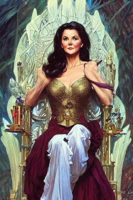 Prompt: young Lynda Carter sitting on a throne, portrait, fantasy, elegant, intricate, by Stanley Artgerm Lau, greg rutkowski, thomas kindkade, alphonse mucha, loish, norman Rockwell