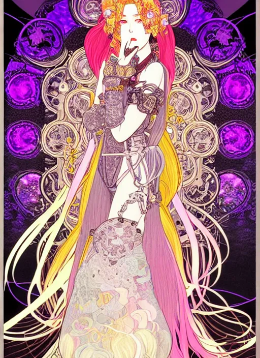 Image similar to highly detailed terada katsuya legend of the cryptids atrstation manga poster of princess mechine, anotherwanderer, rainbow gradient reflection, long hair, armor, dress, laces, ruffles, 8 k, maximalist, golden ratio, alphonse mucha