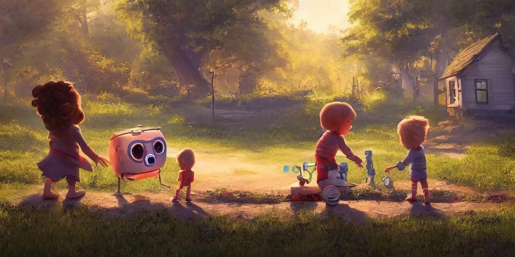 Image similar to cottagecore illustration children playing with a smiling roboton a peaceful morning, pixar and disney animation, sharp, rendered in unreal engine 5, art by greg rutkowski, bloom, dramatic lighting, sunrise