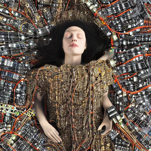 Image similar to tapping in to something greater, piles of modular synth cables, goddess laying down wearing a big headpiece made of circuit boards in a photo shoot for balenziaga, wlop, stanley kubrick, masamune, unique perspective, eastman color, perfect details, trending on artstation, 3 d render, smooth render, wlop