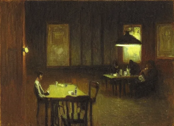 Image similar to the melancholy of sitting alone at a cafe at night in the style of Australian tonalism