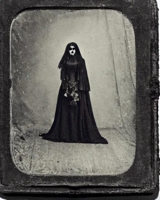 Prompt: daguerreotype ambrotype of the old witch with terror aspect, memento mori, very detailed morticia,