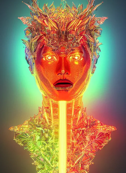 Prompt: hyper detailed ultra sharp portrait of baroque and bladerunner delicate neon ruby sculpture of seductive albino primce royce tigers orange iridescent humanoid deity wearing metallic hoody made out of leaves holding the sun prismatic dungeon, glowing rainbow face, crown of white diamonds, cinematic lighting, photorealistic, octane render 8 k depth of field 3 d