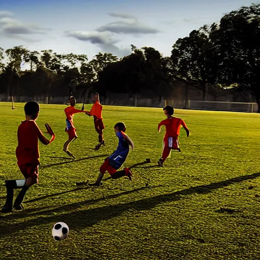 Image similar to boys playing soccer on a floodplain field with family members sitting in the stands, south america's, sunny day, atmosphere, dynamic light, photorealistic, dynamic light, ultra detailed