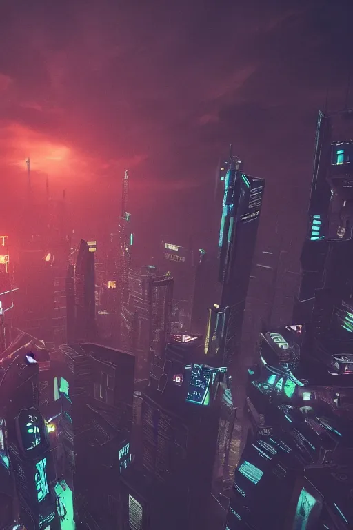 Image similar to an aerial photograph of a futuristic, blade runner city with heavy atmosphere. Flying vehicles. Volumetric light. Rainfall. Dystopic. Evening, neon lights. 8k. Filmic. By Dylan Cole. Highly detailed. Octane render.