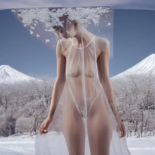 Image similar to coherent symmetrical face, a instax photo of fuji mountain, a tall japanese girl in a transparent sheer fabric dress against the background of fuji mountain, severe snow, full body shot, perfect symmetrical body, coherent symmetrical eyes, by peter kemp, by monia merlo, hyperrealistic, hyperdetailed, octane render, 8 k