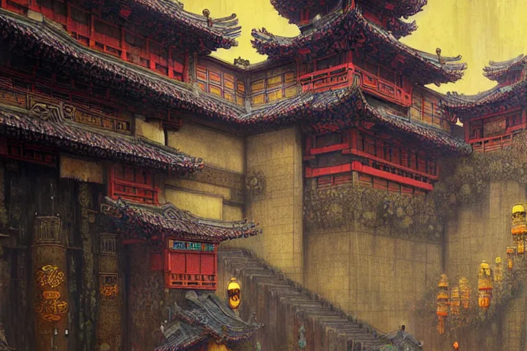 Image similar to cyberpunk chinese ancient castle, fantasy, painting by Gustav Klimt, greg rutkowski and alphonse mucha