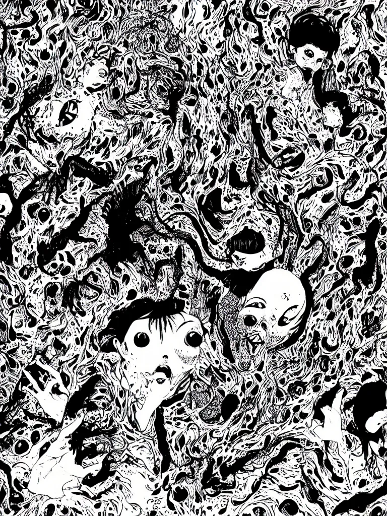 Prompt: black and white illustration creative design junji ito body horror psychedelic