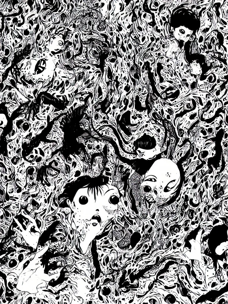 Image similar to black and white illustration creative design junji ito body horror psychedelic